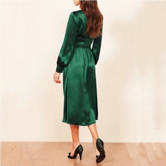 Reformation Nicola Silk Midi Dress Emerald Green 4 - Picture 11 of 12